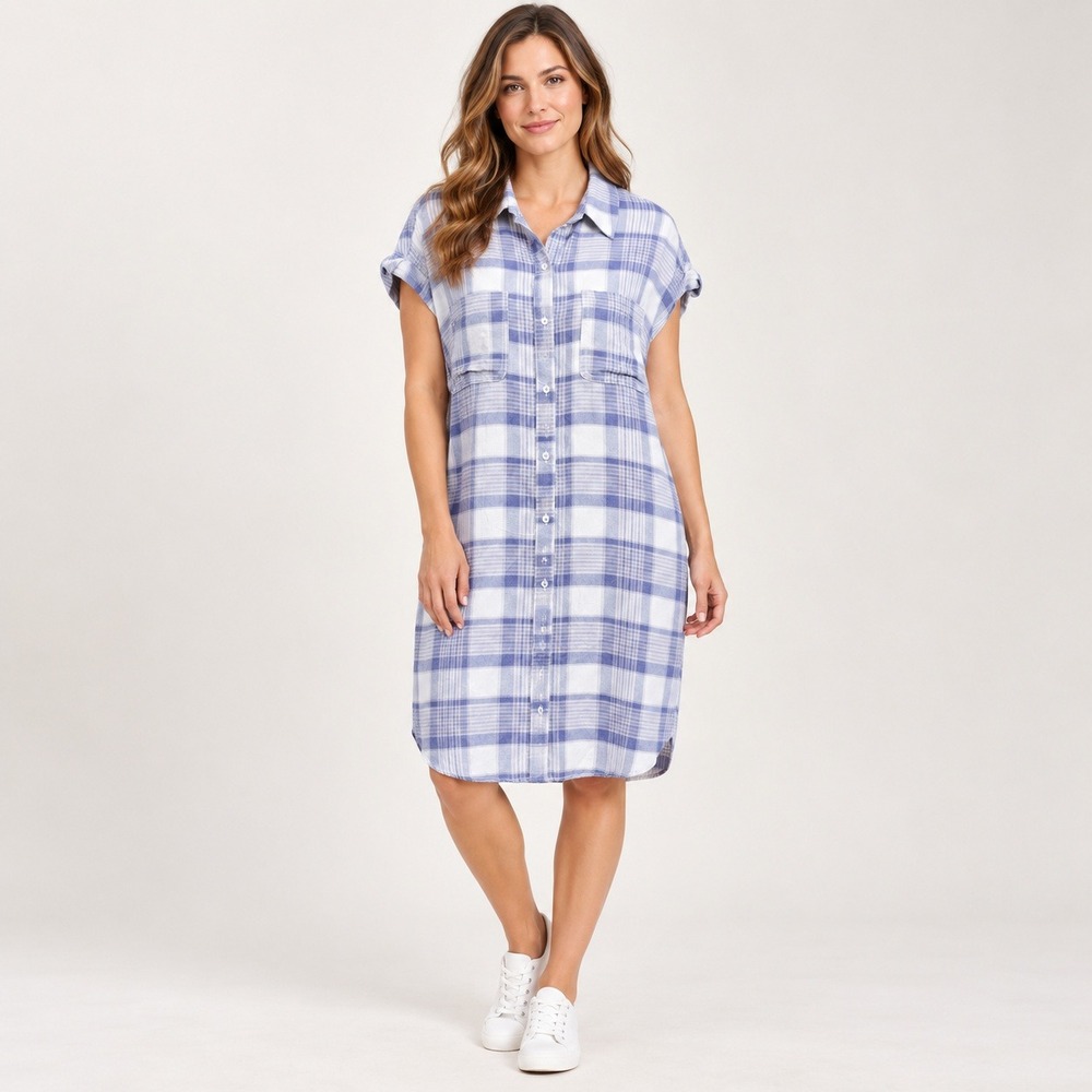 Treasure & Bond NWT Blue Ivory Plaid Short Sleeve Button Front Shirt Dress M